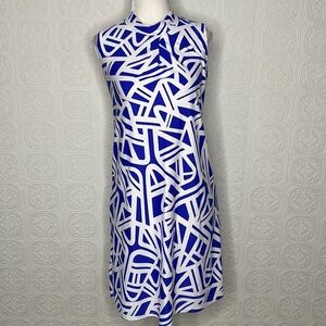 Judy Connally | Sleeveless, Blue & White, Mock Turtleneck Dress
